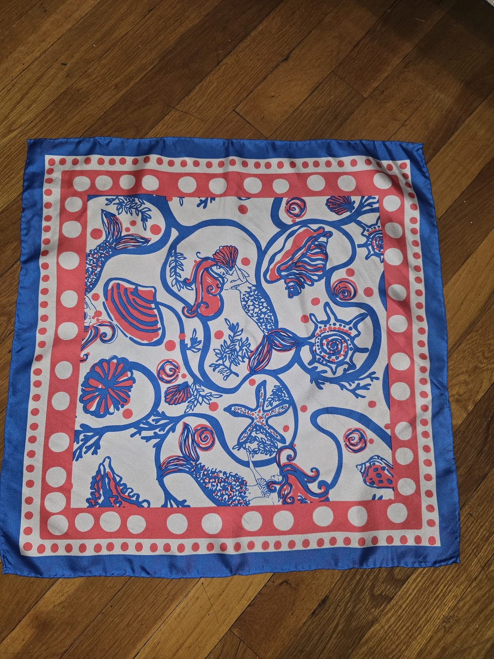 Lilly Pulitzer Blue, Coral & White Mermaid Seashell Silk Scarf